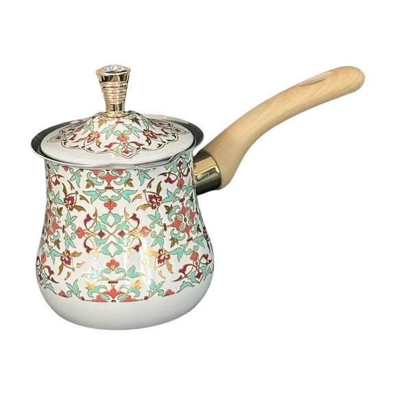 Fancyes Stainless Steel Turkish Coffee Pot Butter Warmer Long Wooden Handle with Spout Milk Warmer Making Latte Art Kitchen Accessory 720ml