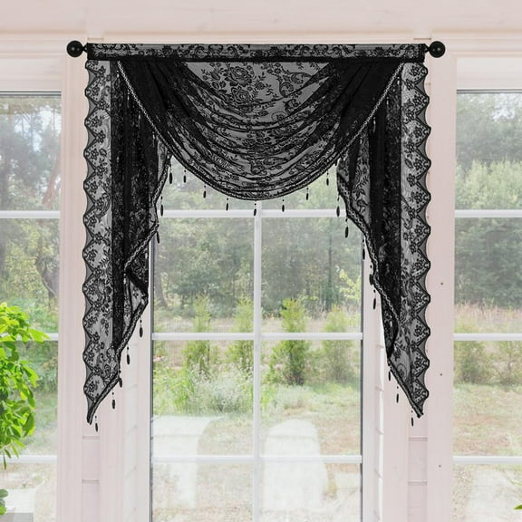 Fancyes Waterfall Window Valance Vintage Design Breathable Elegant Romantic with Bead Tassels Swag Valance for Cafe Curtains Bathroom Width 100cm