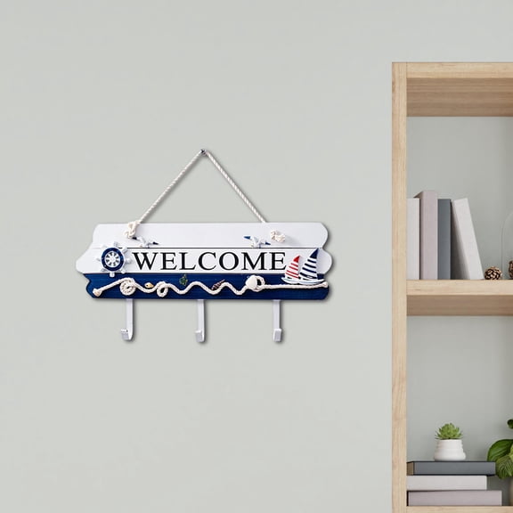 Fancyes Wooden Welcome Hook Rack Hanging Rustic Welcome Sign for Entryway Home Decor Dark Blue
