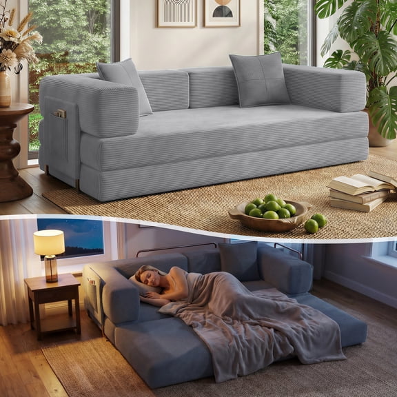 Fancyfire 78.8" Convertible Futon Sofa Bed,4-in-1 Sleeper Couch Bed for Livingroom,Folding Pull Out Sofa,Modular Corduroy boneless couches,No Assembly (Gray)