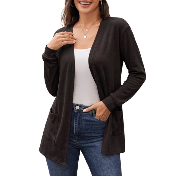 Fancyglim Women's Lightweight Open Front Cardigan Sweater Casual Long Sleeve Knit Outerwear with Pockets, Black L