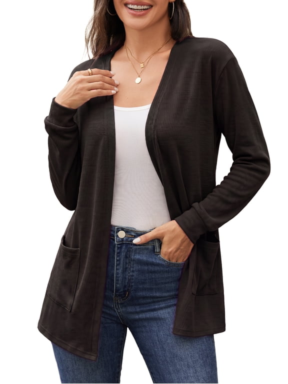 Women's Lightweight Open Front Cardigan Sweater Casual Long Sleeve Knit Outerwear with Pockets, Black XL