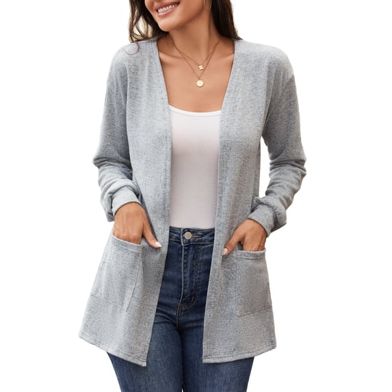 Fancyglim Women's Lightweight Open Front Cardigan Sweater Casual Long Sleeve Knit Outerwear with Pockets, Gray XL