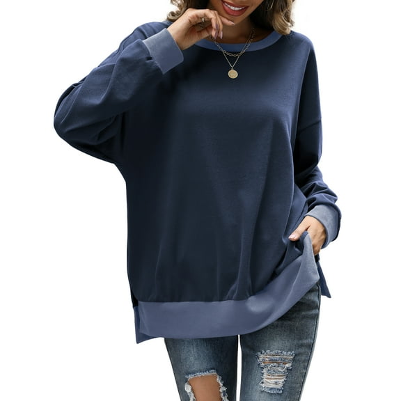 Fancyglim Color Block Sweatshirts for Women Crew Neck Long Sleeve Oversized Pullover Tops Navy S