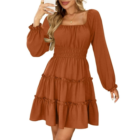 Fancyglim Dress for Women Long Sleeve Square Neck Short Dress Tiered Ruffle A-Line Flowy Mini Dresses with Pockets Brown M