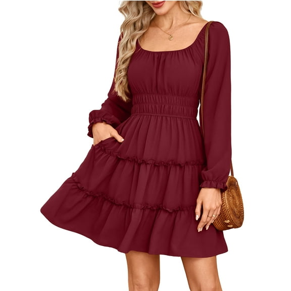 Fancyglim Dress for Women Long Sleeve Square Neck Short Dress Tiered Ruffle A-Line Flowy Mini Dresses with Pockets Burgundy M