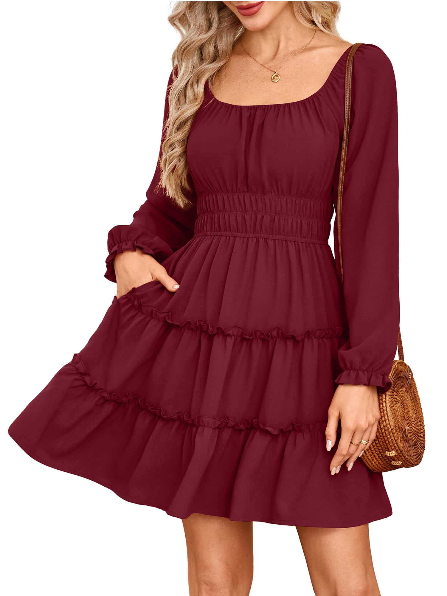 Fancyglim Dress for Women Long Sleeve Square Neck Short Dress Tiered Ruffle  A-Line Flowy Mini Dresses with Pockets Burgundy XL - Walmart.com