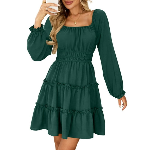 Fancyglim Dress for Women Long Sleeve Square Neck Short Dress Tiered Ruffle A-Line Flowy Mini Dresses with Pockets Green S