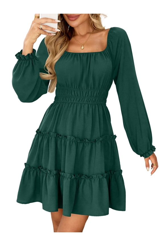 Dress for Women Long Sleeve Square Neck Short Dress Tiered Ruffle A-Line Flowy Mini Dresses with Pockets Green S