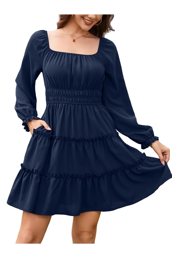 Dress for Women Long Sleeve Square Neck Short Dress Tiered Ruffle A-Line Flowy Mini Dresses with Pockets Navy Blue XL