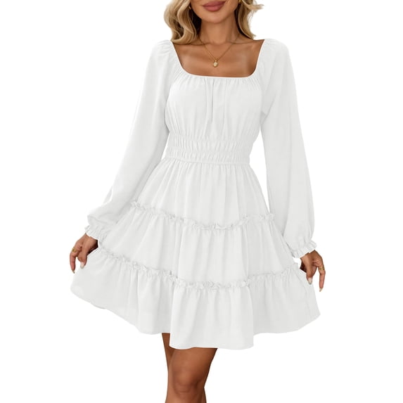 Fancyglim Dress for Women Long Sleeve Square Neck Short Dress Tiered Ruffle A-Line Flowy Mini Dresses with Pockets White XL
