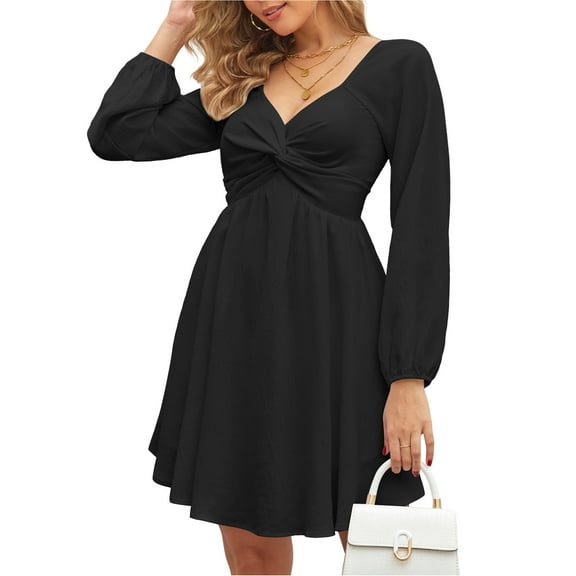 Fancyglim Dress for Women Sweetheart Knot Front Long Sleeve Smocked Back A-Line Chiffon Mini Dresses Black M
