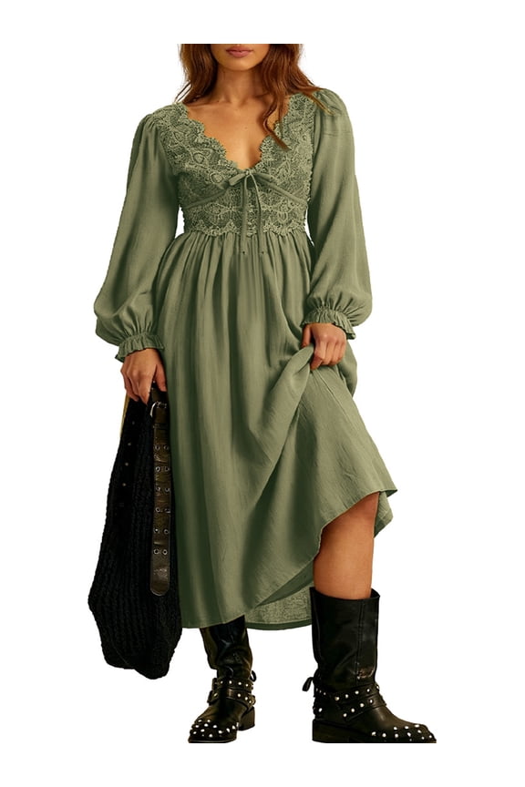 Dress for Women V-Neck Lantern Sleeve Smocked Waist Flowy Boho Lace Paneled Midi Dresses Sage Green L