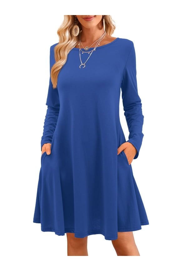 Dresses for Women Long Sleeve Casual Crewneck Mini Dress with Pockets Blue 2XL