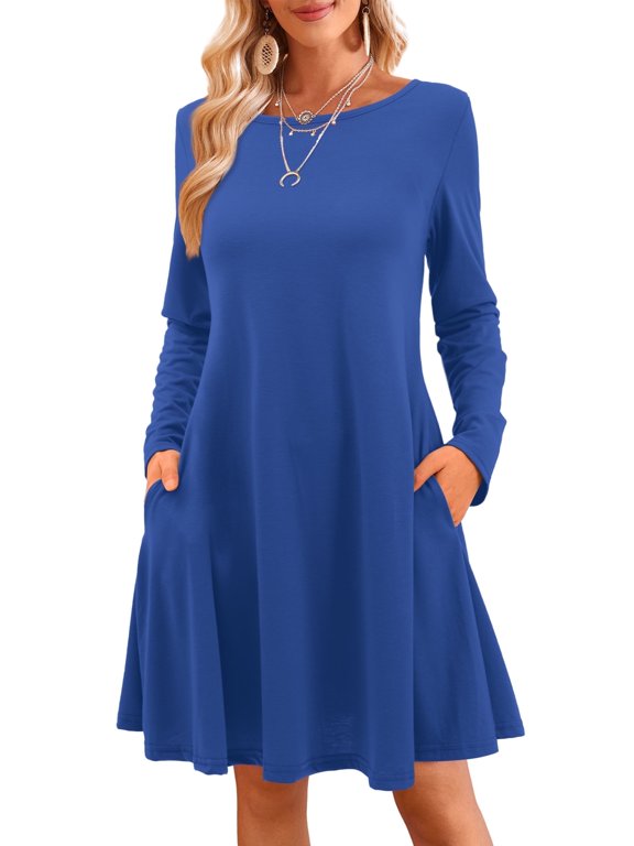 Dresses for Women Long Sleeve Casual Crewneck Mini Dress with Pockets Blue 2XL
