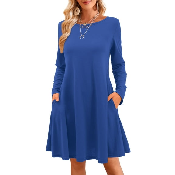Fancyglim Dresses for Women Long Sleeve Casual Crewneck Mini Dress with Pockets Blue XL