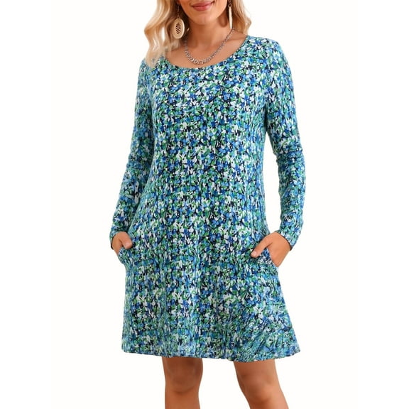 Fancyglim Dresses for Women Long Sleeve Casual Dress Loose T-Shirt Flowy Dress with Pockets Floral Blue L