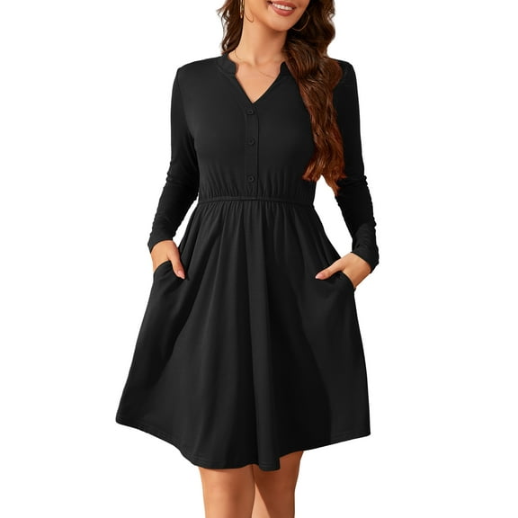 Fancyglim Dresses for Women Long Sleeve Loose V Neck Button Flowy Aline Pleated Dress with Pockets Black L