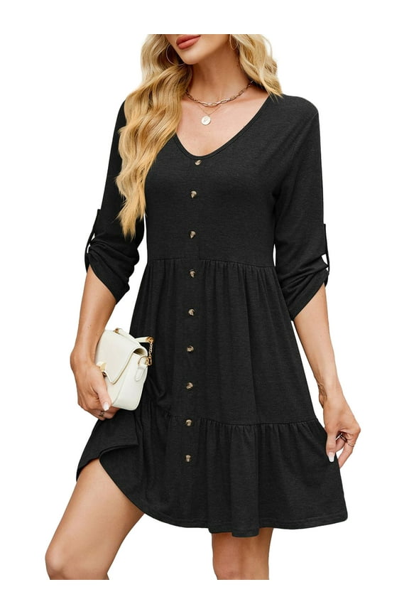 Dresses for Women V Neck Long Sleeve Button Casual Ruffle Tiered Aline Flowy Dress Black L