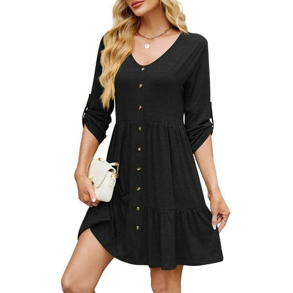 Fancyglim Dresses for Women V Neck Long Sleeve Button Casual Ruffle Tiered Aline Flowy Dress Black 2XL