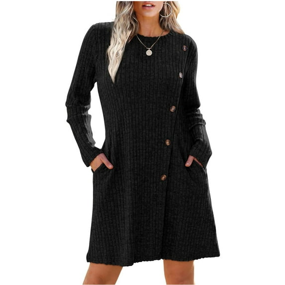 Fancyglim Fall Sweater Dresses for Women Casual Long Sleeve Crew Neck Knitted Striped Dress Side Button Pockets Black XL
