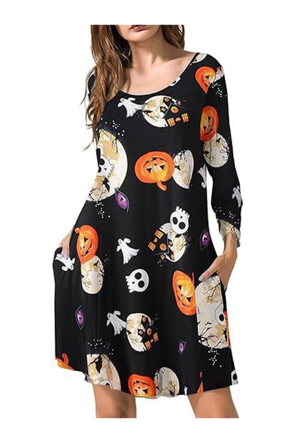 Halloween Dresses for Women Long Sleeve Casual Crew Neck Dress with Pockets Black M