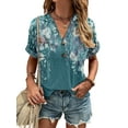 thumbnail image 1 of Fancyglim Henley Blouses for Women V Neck Short Sleeve Floral Print Button Trendy Shirts Fashion Dressy Loose Tunic Tops Blue XL, 1 of 7