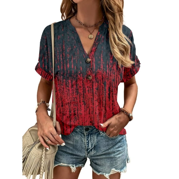 Fancyglim Henley Blouses for Women V Neck Short Sleeve Floral Print Button Trendy Shirts Fashion Dressy Loose Tunic Tops Burgundy XL