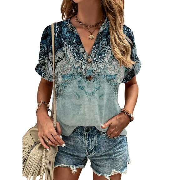 Fancyglim Henley Blouses for Women V Neck Short Sleeve Floral Print Button Trendy Shirts Fashion Dressy Loose Tunic Tops Navy XL