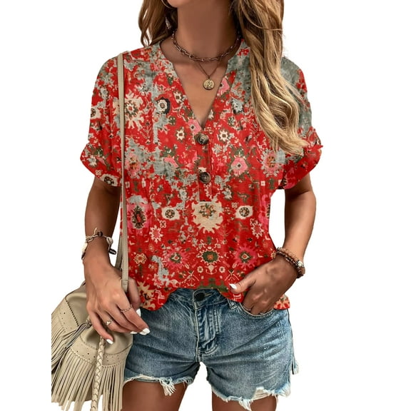 Fancyglim Henley Blouses for Women V Neck Short Sleeve Floral Print Button Trendy Shirts Fashion Dressy Loose Tunic Tops Red M
