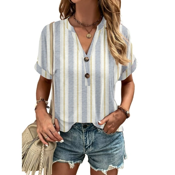 Fancyglim Henley Blouses for Women V Neck Short Sleeve Floral Print Button Trendy Shirts Fashion Dressy Loose Tunic Tops White XL