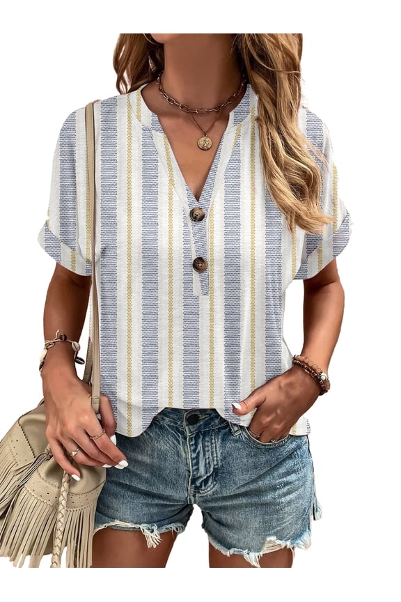 Henley Blouses for Women V Neck Short Sleeve Floral Print Button Trendy Shirts Fashion Dressy Loose Tunic Tops White XL