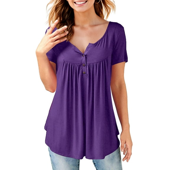 Fancyglim Henley Shirts for Women Short Sleeve V Neck Tunic Tops Purple L