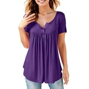 Fancyglim Henley Shirts for Women Short Sleeve V Neck Tunic Tops Purple M