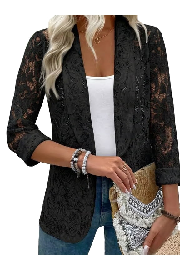 Lace Cardigan for Women Open Front Long Sleeve Sheer Lace Floral Crochet Summer Shrug Bolero Cover Up Black XL
