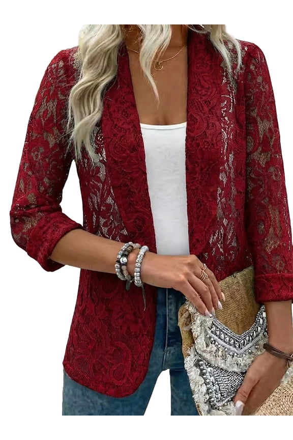 Lace Cardigan for Women Open Front Long Sleeve Sheer Lace Floral Crochet Summer Shrug Bolero Cover Up Burgundy XL