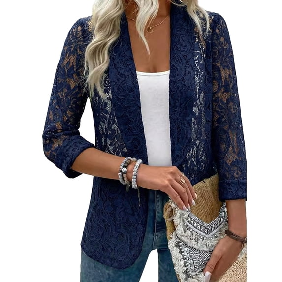 Fancyglim Lace Cardigan for Women Open Front Long Sleeve Sheer Lace Floral Crochet Summer Shrug Bolero Cover Up Navy XL