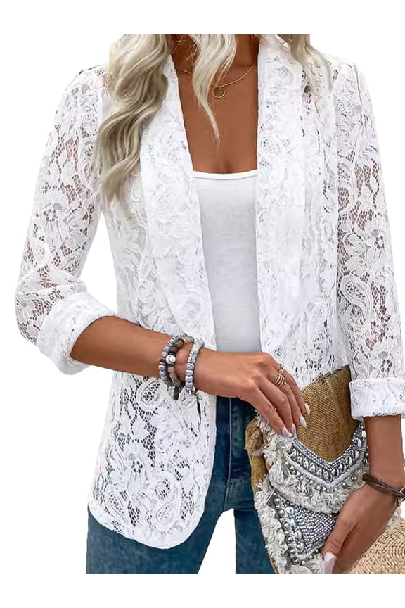 Lace Cardigan for Women Open Front Long Sleeve Sheer Lace Floral Crochet Summer Shrug Bolero Cover Up White L