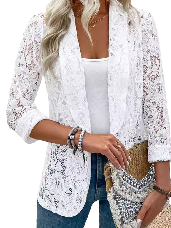 Lace Cardigan for Women Open Front Long Sleeve Sheer Lace Floral Crochet Summer Shrug Bolero Cover Up White XL