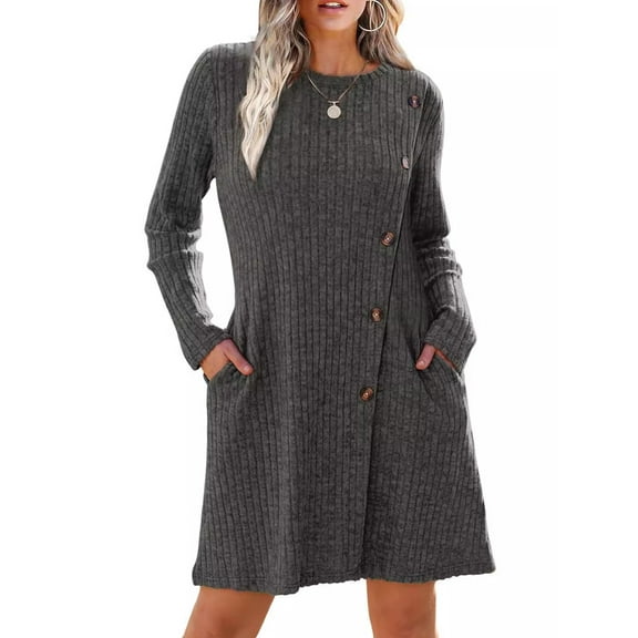 Fancyglim Long Sleeve Dress for Women Crewneck Buttons Side Knitted Tunic Sweater Mini Dresses with Pocket Gray S