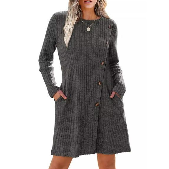 Fancyglim Long Sleeve Dress for Women Crewneck Buttons Side Knitted Tunic Sweater Mini Dresses with Pocket Gray XL