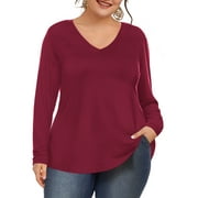 Fancyglim Long Sleeve Plus Size Shirts for Women V Neck Plain Tops Burgundy XL