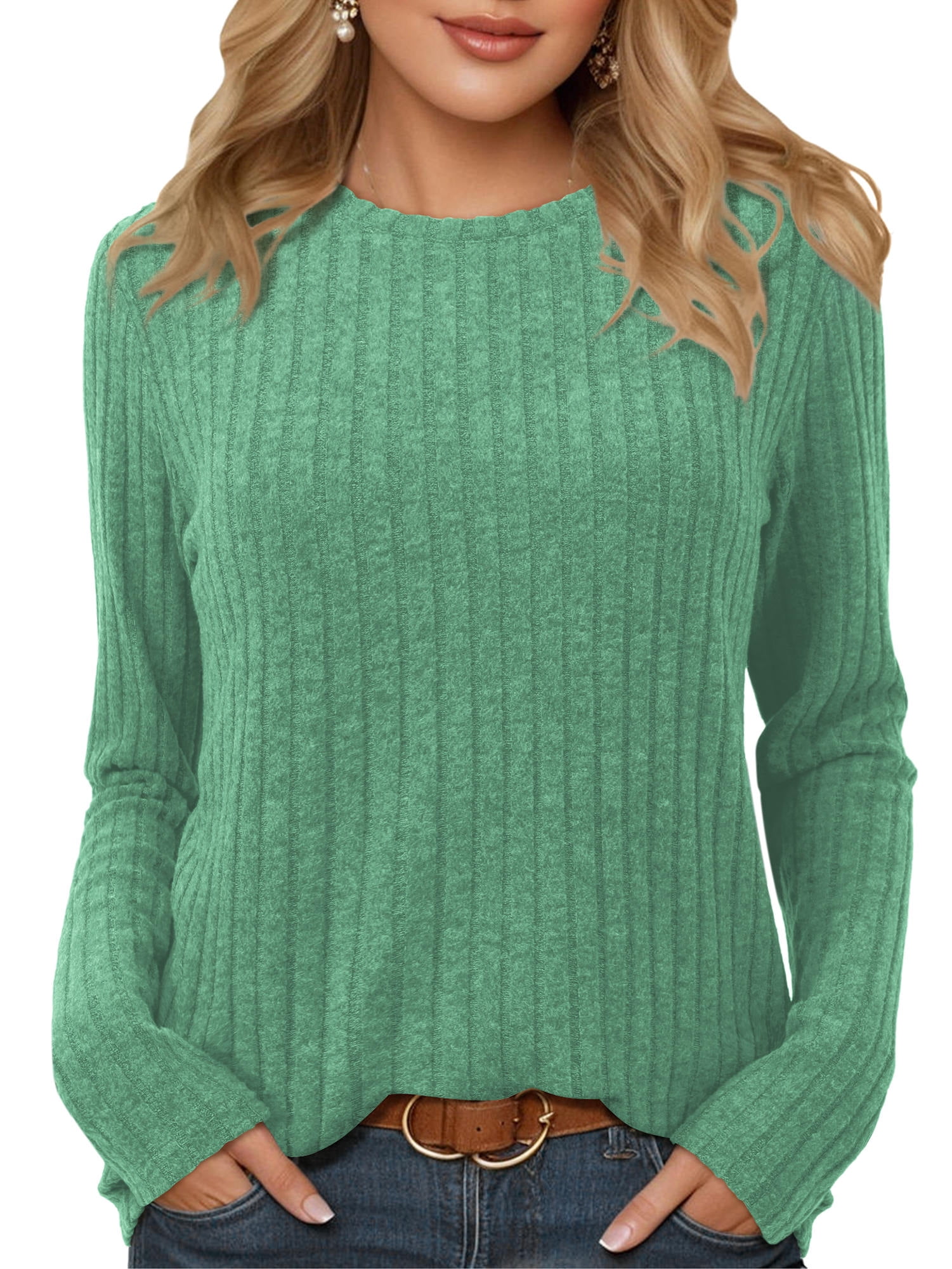 Long Sleeve Shirts for Women Crew Neck Casual Tunic Tops Lightweight Pullover Sweaters Green L