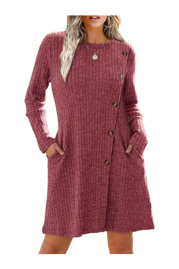 Long Sleeve Sweater Dress for Women Casual Crew Neck Buttons Side Tunic Dresses with Pockets Burgundy M