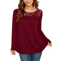 Fancyglim Long Sleeve T Shirts for Woman Casual Lace Tunic Plus Tee, Wine Red 4XL