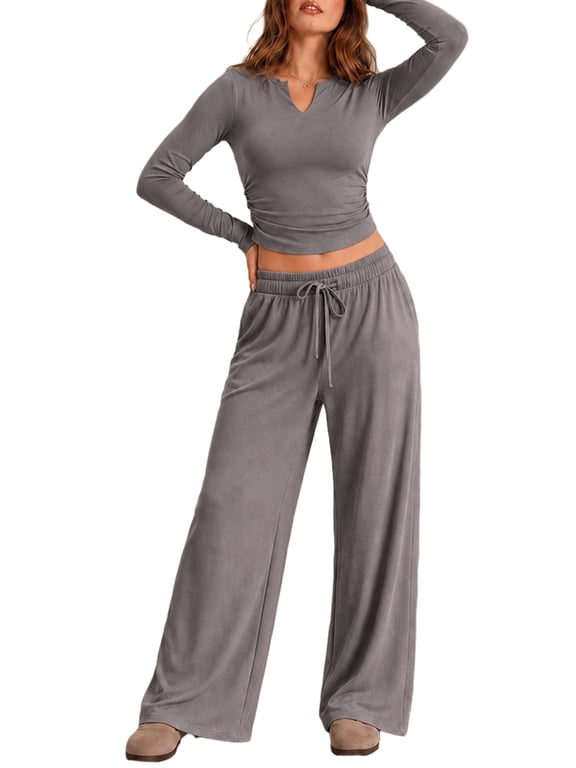 Women's 2 Piece Knit Lounge Set Long Sleeve Crop Top and High Waisted Wide Leg Pants Outfits Set,Gray L