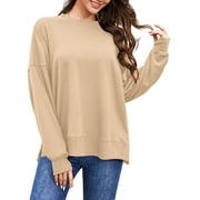 FANCYGLIM Plus Size Sweatshirts for Women Crew Neck Tops Long Sleeve Oversized Fleece Shirts with Pockets Thumb Holes Khaki 2XL