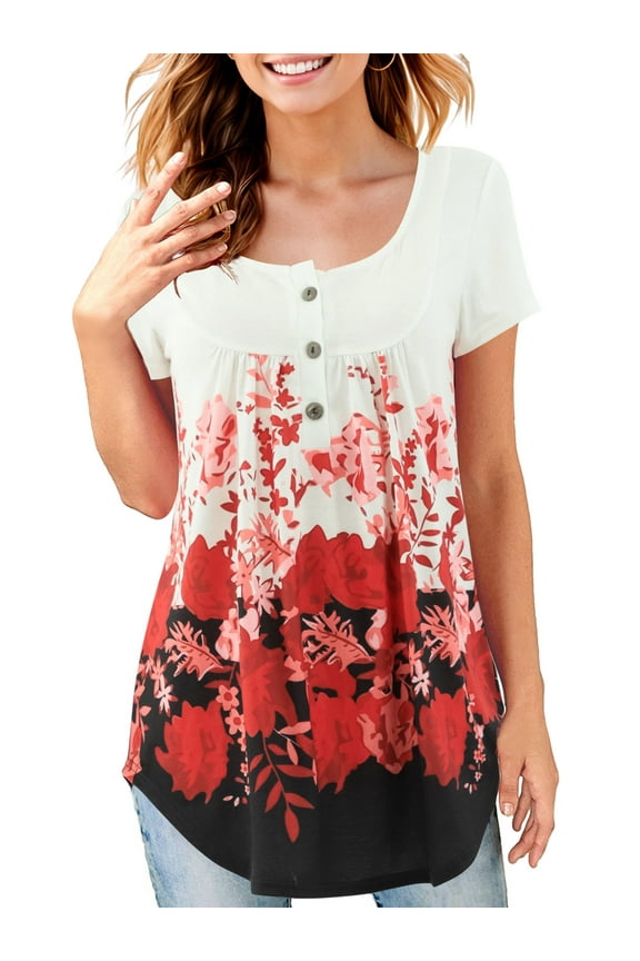 Short Sleeve Tunic Tops Lady Floral Printed Blouse Henley Shirt White L