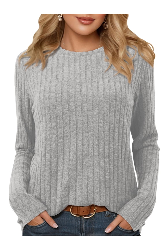 Sweaters for Women Long Sleeve Crew Neck Shirts Casual Loose Fall Tunic Tops Pullover Light Gray XL