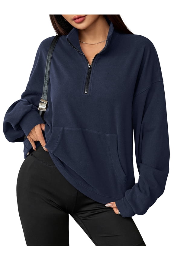 Sweatshirts for Women Oversized Fleece Tops Fall Half Zip Turtleneck Long Sleeve Pullover Navy Blue S